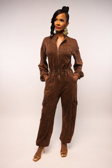 WASHED DENIM ZIP DOWN JUMPSUIT